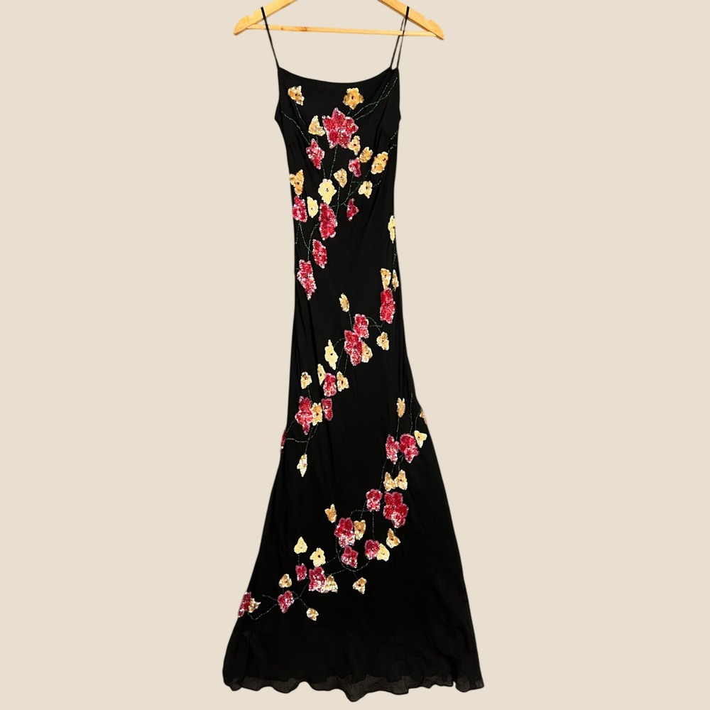 VTG RARE Y2K Marina Maxi Dress 6 Silk Sequin Floral Gown Beaded
